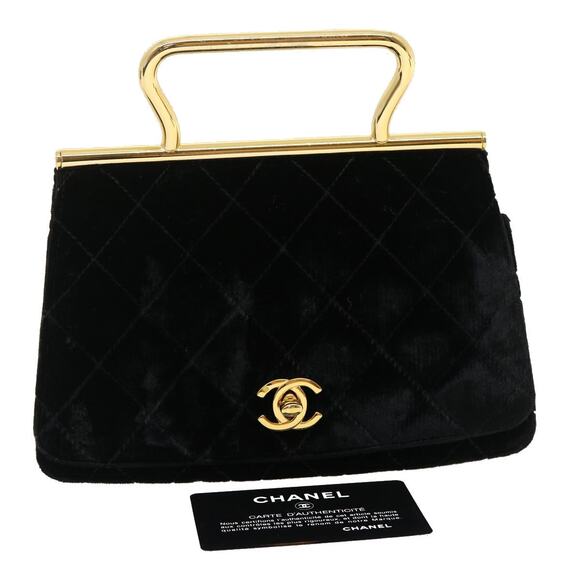 CHANEL Turn Lock Flap Matelasse Hand Bag Velvet Black Gold CC - Picture 1 of 16